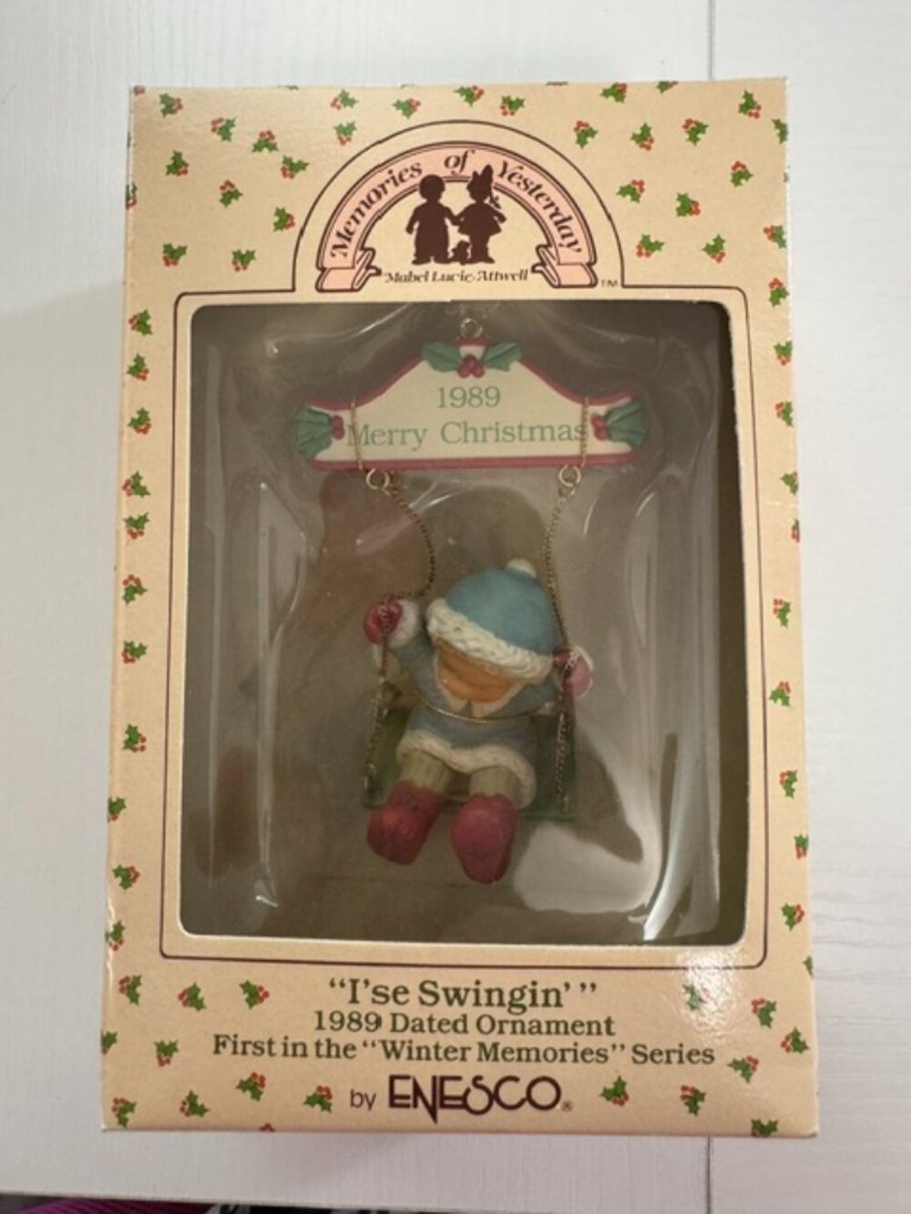 NIB Vintage Enesco Ornament, "I'se Swingin" 1989 Dated, Winter Memories Series